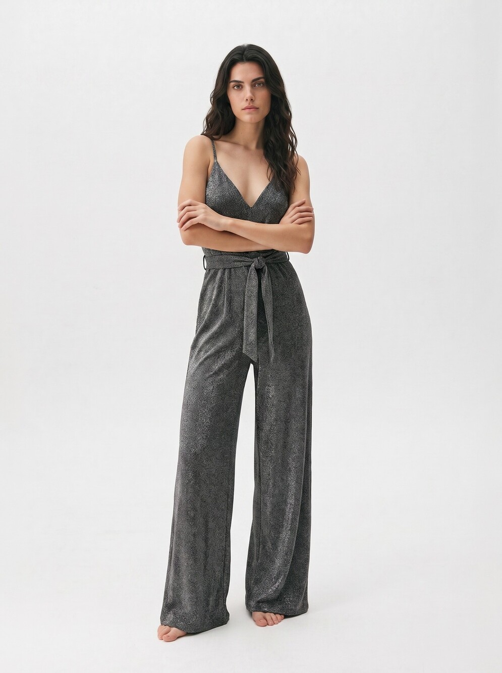 Black Shimmer Jumpsuit Wide Leg V-Neck Belted Waist Size Unknown
